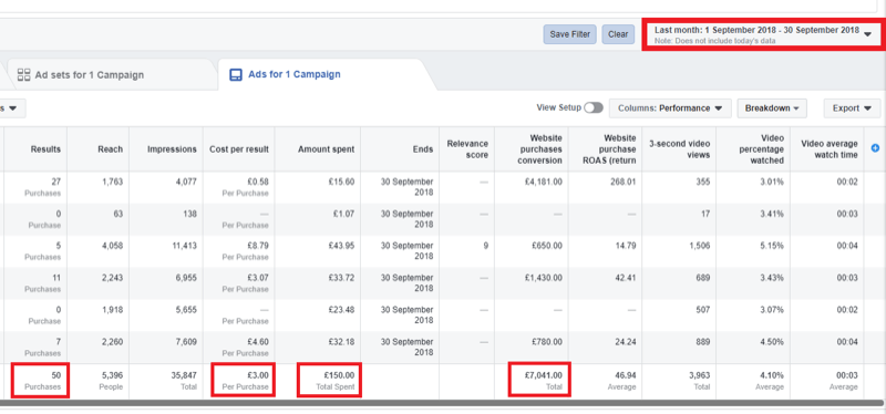 Marketingová strategie sociálních médií; Screenshot z analýzy ve službě Facebook Ads Manager.