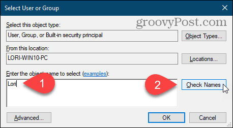 Klepnutím na Zkontrolovat jména zadejte uživatelské jméno v dialogovém okně Vybrat uživatele nebo skupinu v registru systému Windows