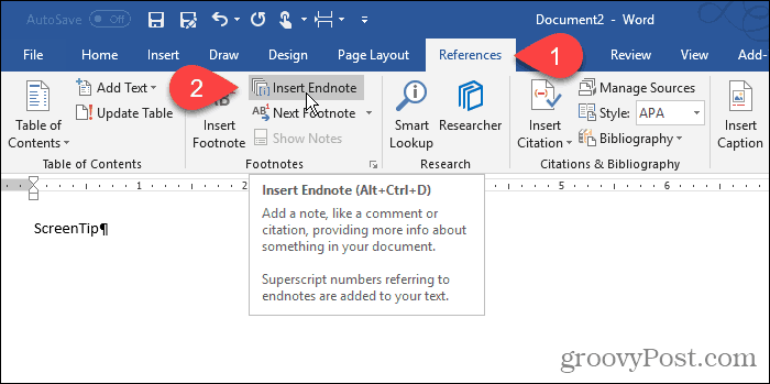 Klepněte na položku Endnote in Word