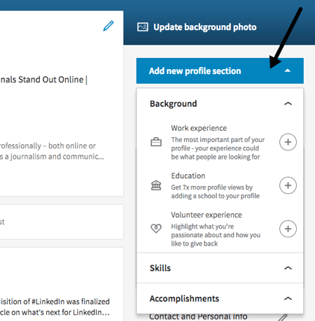 Přidejte novou sekci ze svého profilu LinkedIn nebo pravého postranního panelu.