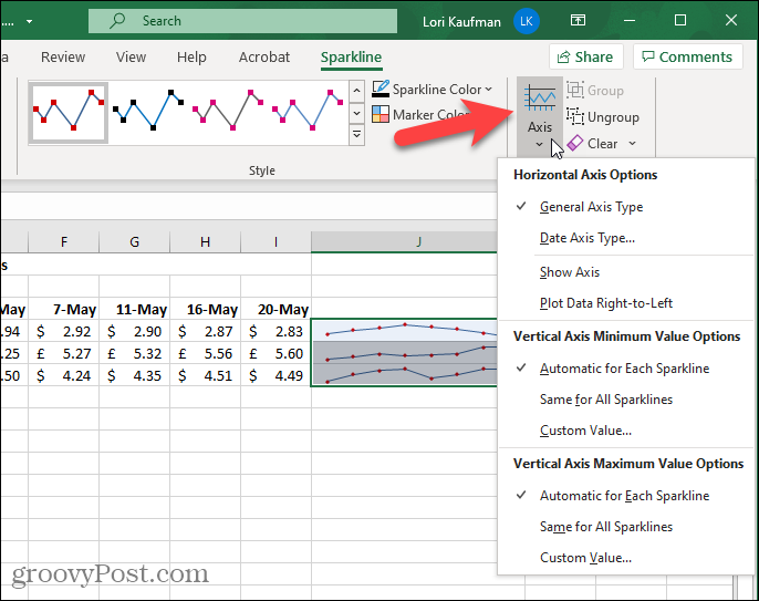 Tlačítko Osa na kartě Sparkline v aplikaci Excel
