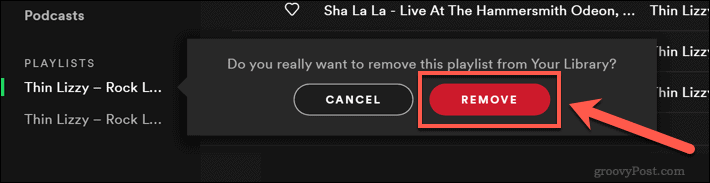 Potvrzení odstranění seznamu skladeb Spotify