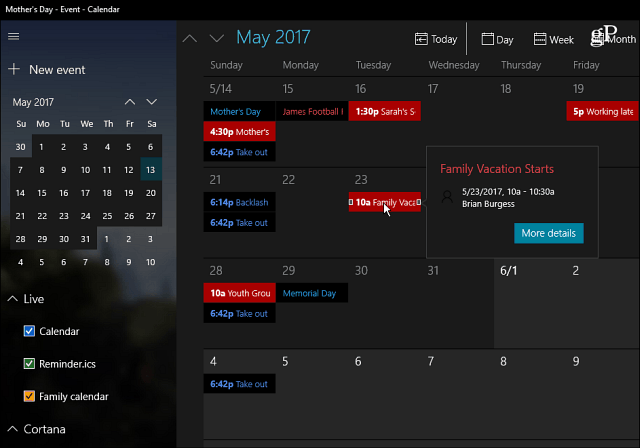 Aplikace Kalendář Windows 10