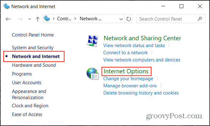 Možnosti sítě v Internetu v Ovládacích panelech systému Windows