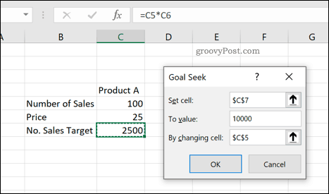 Nástroj pro vyhledávání cílů aplikace Excel