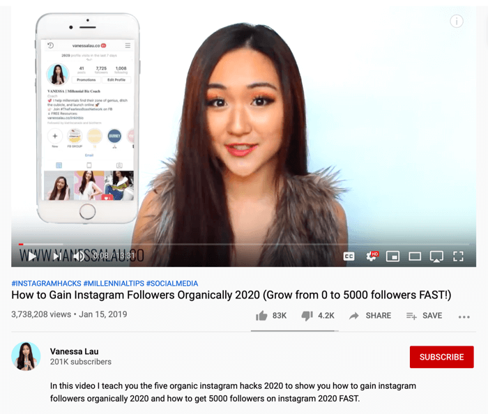Vanessa Lau YouTube video o instagramových organických hackech