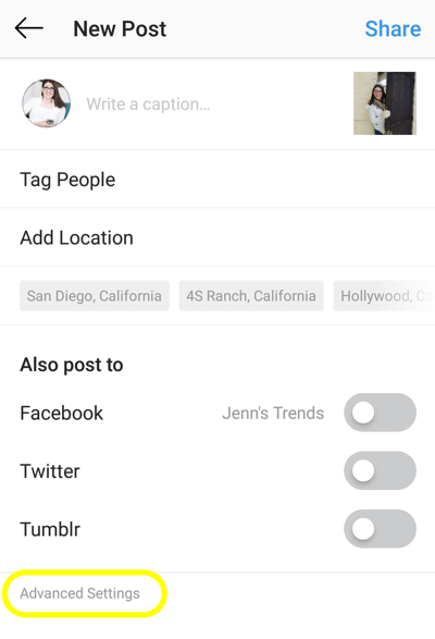 Jak přidat alternativní text k příspěvkům na Instagramu, krok 1, nová možnost pokročilého nastavení příspěvku na Instagramu