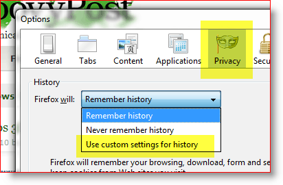 Firefox - použijte vlastní nastavení pro historii