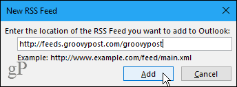 Nové dialogové okno RSS Feed v aplikaci Outlook