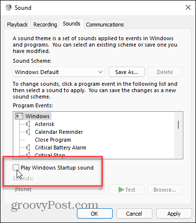 Přehrát zvuk při spuštění systému Windows Windows 11