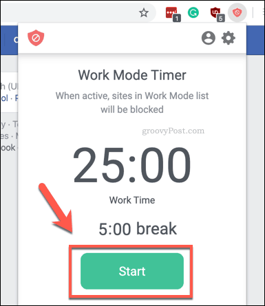 Spuštění časovače pracovního režimu BlockSite