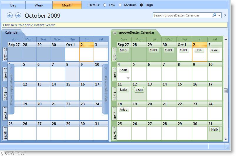 Screenshot kalendáře aplikace Outlook 2007 vedle sebe