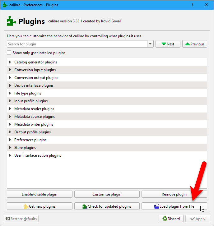 V dialogovém okně Pluginy v programu Caliber klikněte na Načíst plugin ze souboru