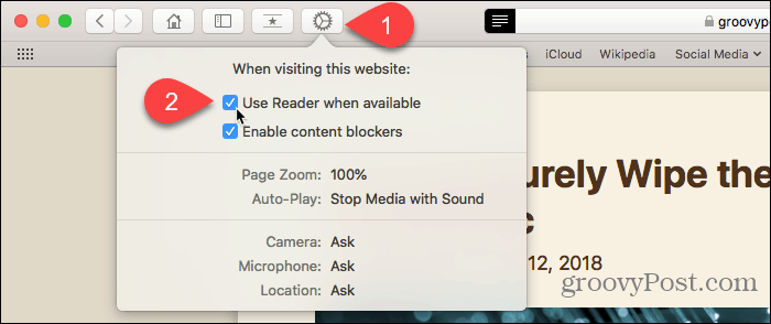 Použijte tlačítko Předvolby webových stránek v prohlížeči Safari pro Mac
