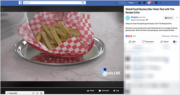 Toto je snímek obrazovky živého videa s názvem Weird Food Mystery Box Taste test s Recipe Critic. Toto video se objevilo v pořadu Facebook Watch Recipes. Video stále zobrazuje nazelenalé hranolky v červeném plastovém koši, který je lemován červeno-bílou kostkou. Tento koš je na kulatém stříbrném podnose, který sedí na desce ze světle šedého mramoru. Vlevo dole je text „Foodie Live“. Napravo od videa je stále postranní panel s názvem videa, značkou a textem z videopost: „Dnes máme speciální hostku Alyssu z The Recipe Critic! Pojďte s námi a vyzkoušejte divná jídla nalezená v průměrném americkém obchodu s potravinami. Některé z nich mohou chutnat skvěle, jiné strašně! “ Video má 337 reakcí, 179 sdílení a 79 tisíc zobrazení. Rachel Farnsworth pravidelně hraje živou show na své Facebook Watch show.