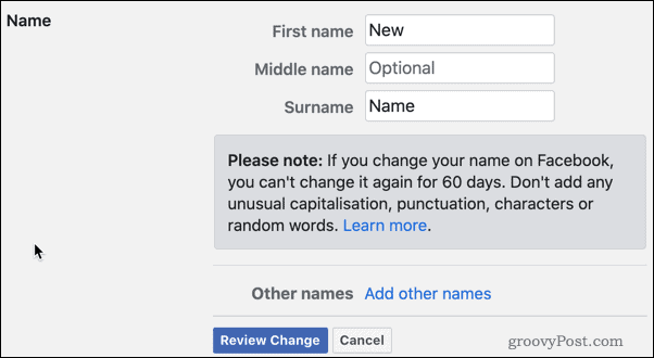 Zkontrolujte změny názvu Facebooku