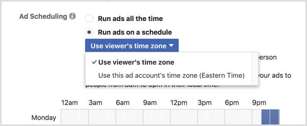 Vyberte pro kampaň na Facebooku možnost Použít časové pásmo prohlížeče.