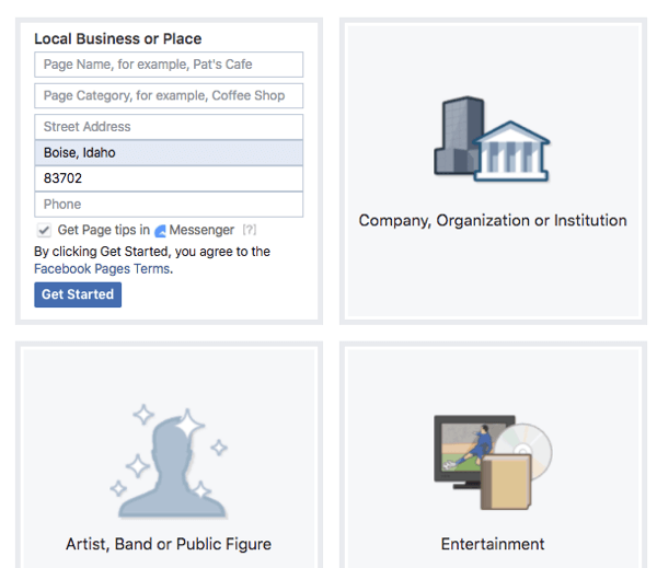 Zvažte funkce, které každý typ a kategorie nabízí pro vaši stránku na Facebooku.