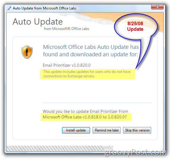 Snímek obrazovky automatické aktualizace Microsoft Office Labs:: groovyPost.com