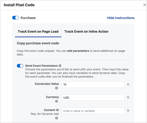 Nastavte parametry pro vygenerování požadovaného kódu události na Facebooku.