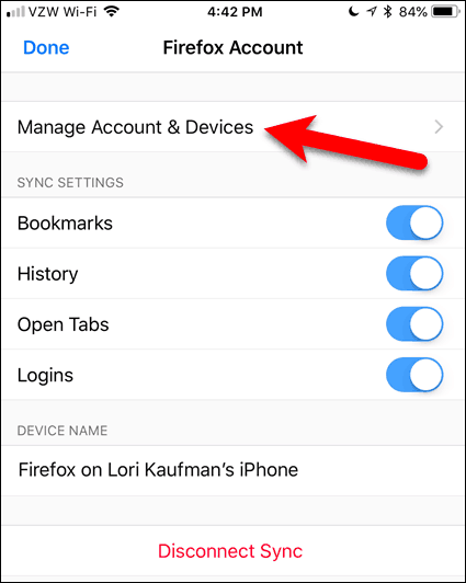 Klepněte na Spravovat účet a zařízení v prohlížeči Firefox pro iOS