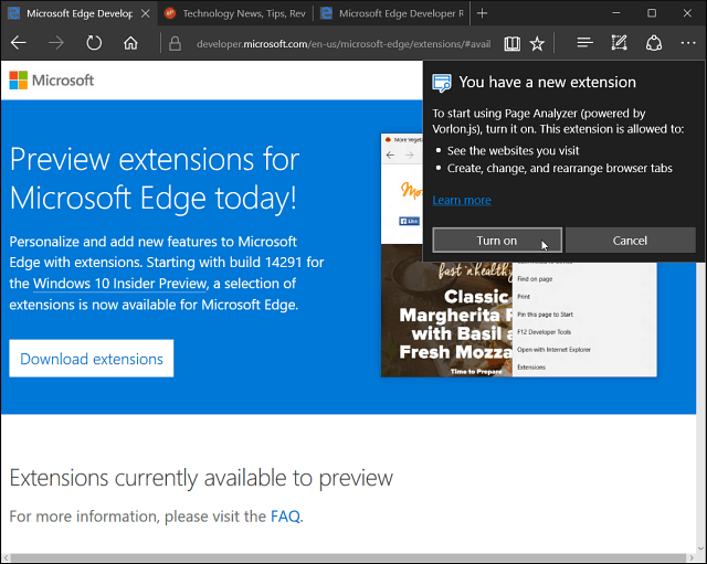Nainstalované rozšíření Microsoft Edge
