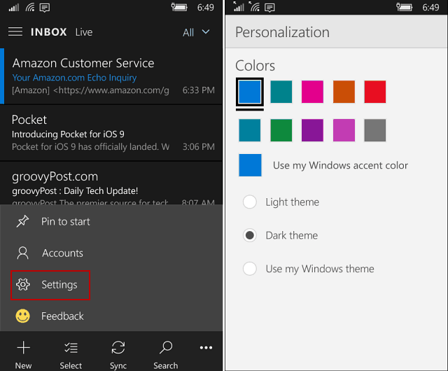 Aplikace Outlook Mail a Calendar v systému Windows 10 Mobile získává temné téma