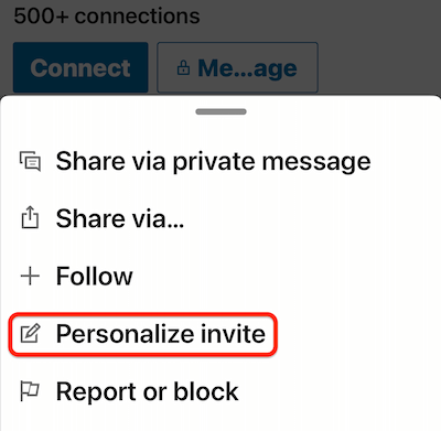 linkedin mobile profile více... nabídka se zvýrazněnou možností „přizpůsobit pozvání“