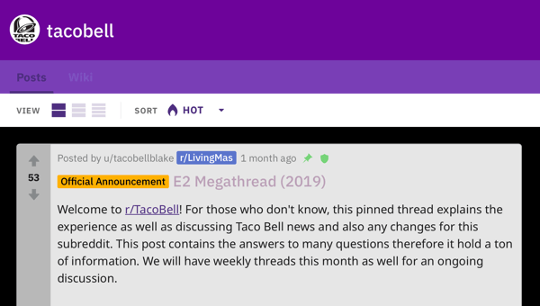 Jak prodat své podnikání na Redditu, úspěšný marketingový příklad připnul příspěvek na r / TacoBell diskutující pokyny pro komunitu