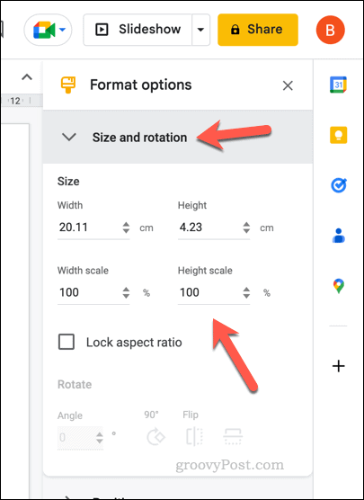 Možnosti velikosti pro tabulku Prezentací Google