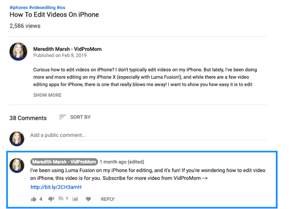 Jak používat sérii videí k rozšíření kanálu YouTube, příklad připnutého komentáře k videu YouTube s odkazem od Meredith Marsh