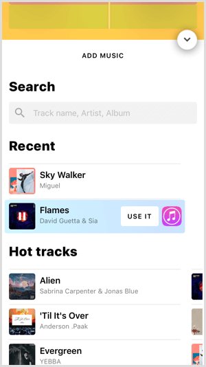 Klepnutím na Použít přidáte hudební skladbu do projektu Hype Type.