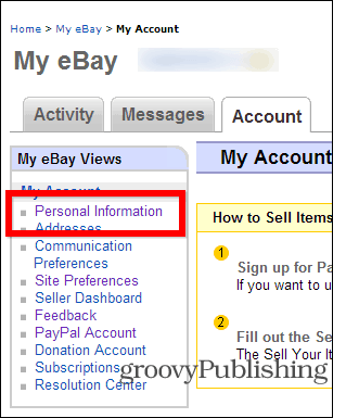eBay změnit heslo nastavení účtu osobní informace