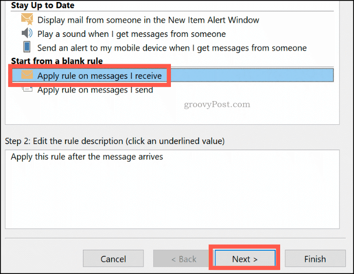 Vytvoření prázdné pravidlo v aplikaci Outlook