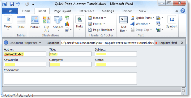 upravit vlastnosti dokumentu z panelu dokumentů v aplikaci Word 2010