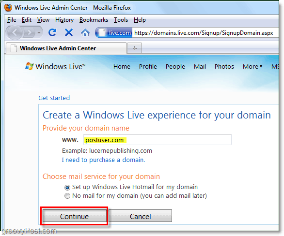 poskytněte své doménové jméno Windows živě