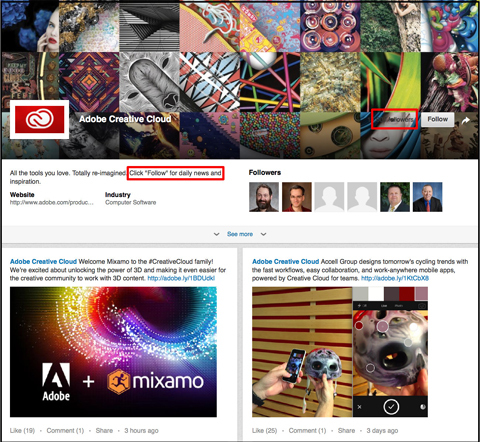 ukázková stránka Adobe Creative Cloud Linkedin
