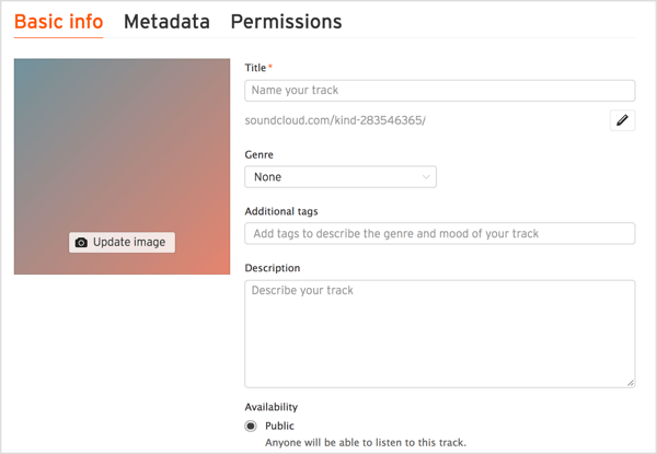 Přidejte název a popis své skladby, vyberte žánr a zahrňte příslušné značky do SoundCloudu.