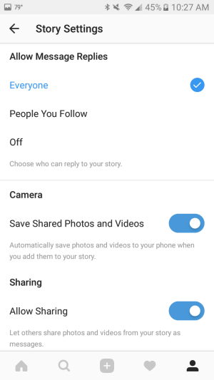 Pomocí nastavení můžete automaticky ukládat fotografie a videa, které přidáte do svého příběhu, na smartphone