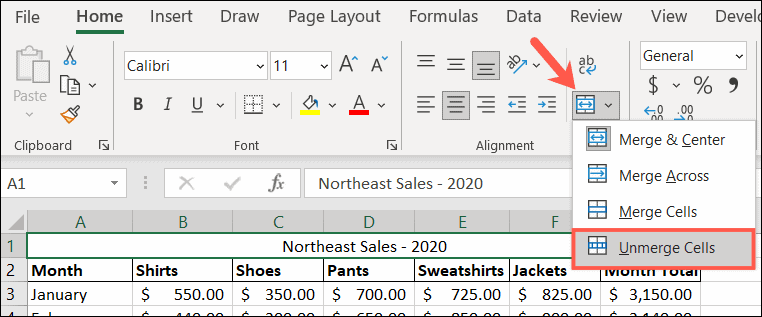 Zrušit sloučení buněk v aplikaci Excel