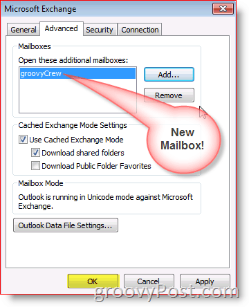 Screenshot aplikace Outlook 2010 přidat kartu pokročilé poštovní schránky