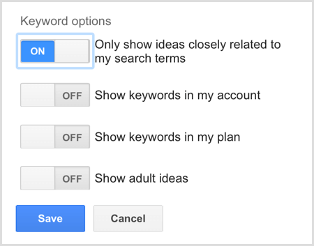 Možnosti klíčových slov v Plánovači klíčových slov Google AdWords