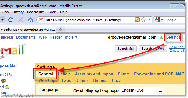 přístup k obecným nastavením gmailu
