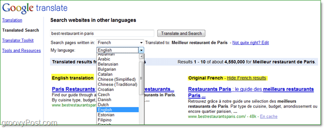 hledat internetové stránky v různých jazycích a číst je ve svém vlastním pomocí přeloženého serachu od Googlu
