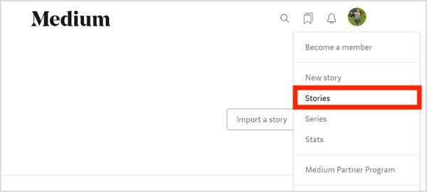 Klikněte na svůj profilový obrázek nebo ikonu Medium a vyberte Stories.