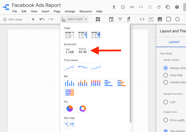 Použijte Google Data Studio k analýze svých reklam na Facebooku, krok 8, možnost vybrat tabulku s výsledky v Google Data Studio