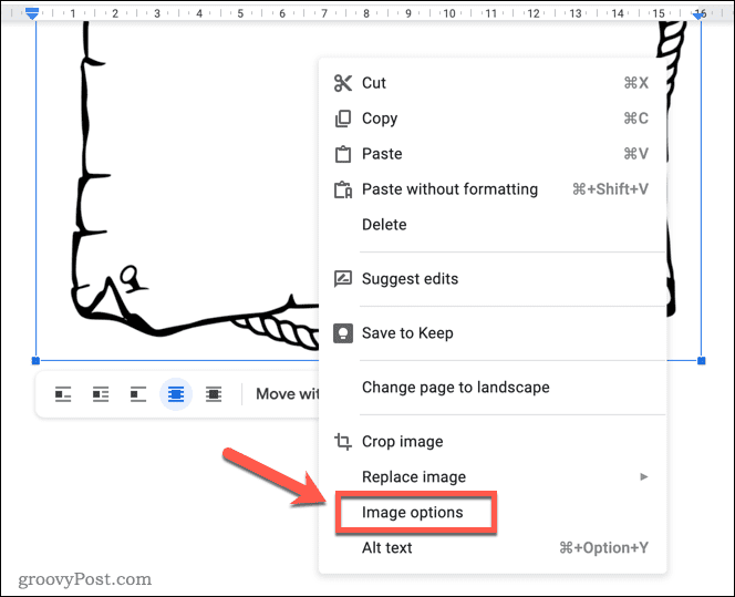 Otevření nabídky možností obrázku v Dokumentech Google