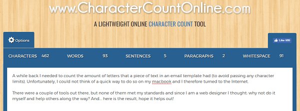 Použijte CharacterCountOnline.com k počítání znaků, slov, odstavců a dalších.