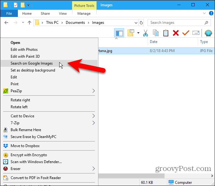 V Průzkumníku souborů vyberte možnost Vyhledat v kontextové nabídce Obrázky Google