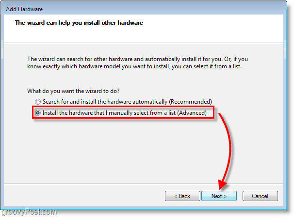 Windows 7 Networking Screenshot - klikněte na instalaci hardwaru, který vyberu ručně ze seznamu forem (Upřesnit)